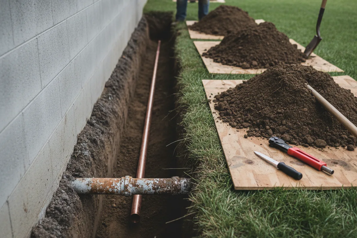 Excavated water line trench during Sewer Line Repair in Sturgis